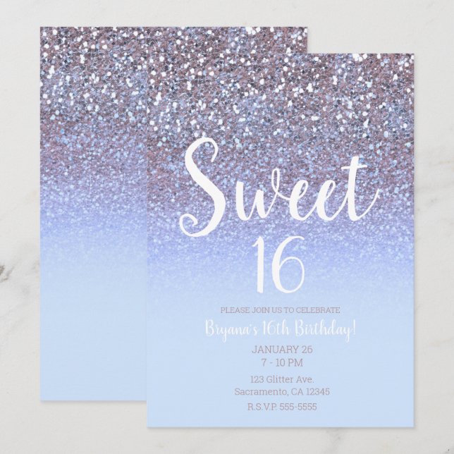 Modern Purple Silver Glam Glitter Sweet 16 Invitation (Front/Back)