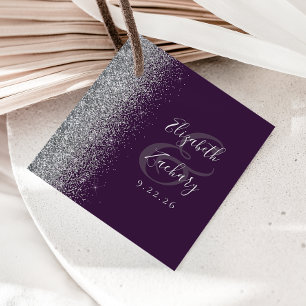 Modern Purple Silver Glitter Wedding Favour Tags