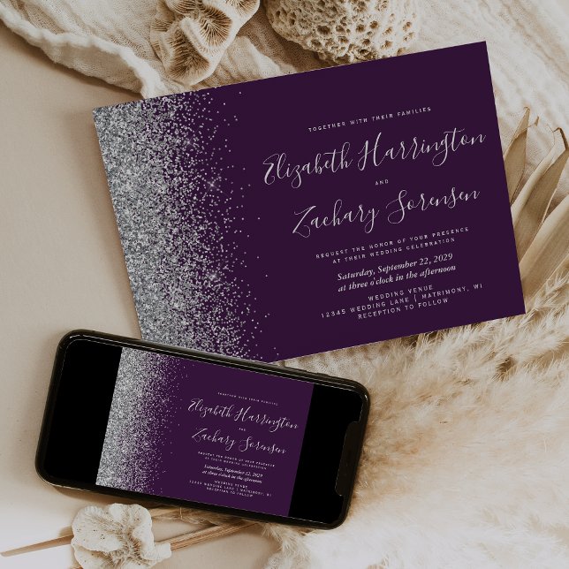 Modern Purple Silver Glitter Wedding Invitation (Creator Uploaded)
