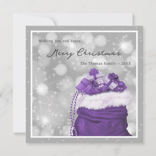 Modern Purple Silver Merry Christmas Card (Front)