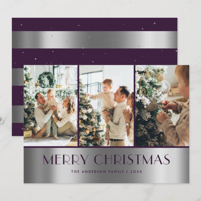 Modern Purple Silver Photo Collage Christmas Cards (Front/Back)