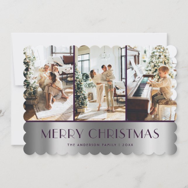 Modern Purple Silver Photo Merry Christmas Card (Front)