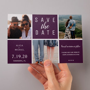 Modern purple simple 3 photo collage wedding save the date