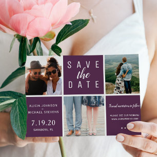 Modern purple simple 3 photo collage wedding save the date