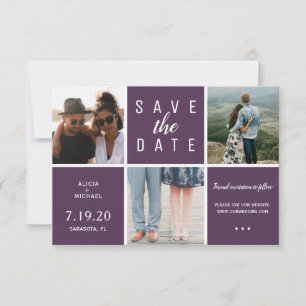Modern purple simple 3 photo collage wedding save the date