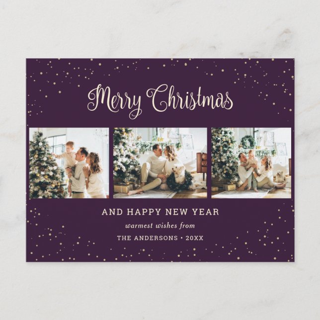 Modern Purple Snow Photo Collage Christmas Holiday Postcard (Front)