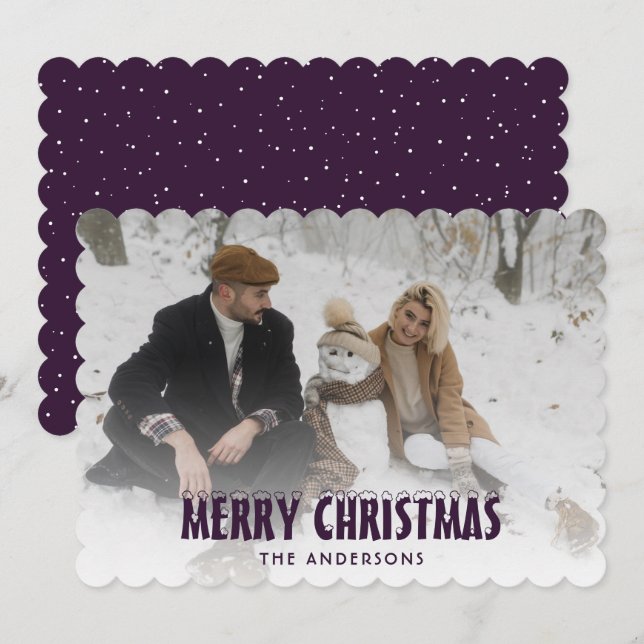 Modern Purple Snow Photo Merry Christmas Card (Front/Back)