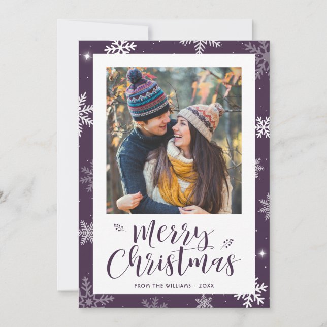 Modern Purple Snowflake Photo Christmas Holiday Card (Front)