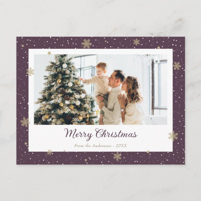 Modern Purple Snowflake Photo Christmas Holiday Postcard (Front)