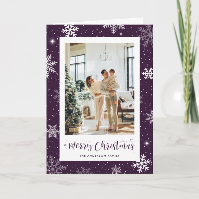 Modern Purple Snowflake Photo Merry Christmas Holiday Card (Front)