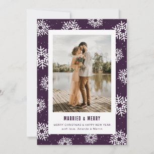 Modern Purple Snowflake Photo Newlywed Holiday Card