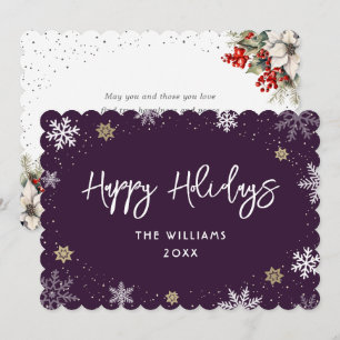 Modern Purple Snowflakes Botanical Holiday Card