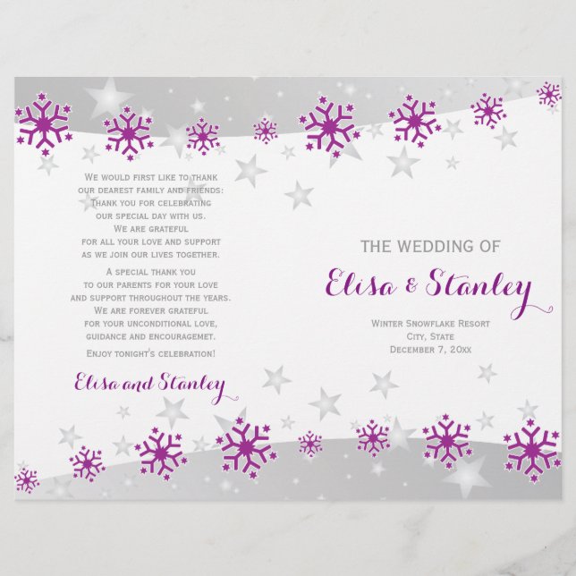Modern purple snowflakes & stars wedding program (Front)