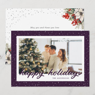Modern Purple Snowy Watercolor Botanical Photo Holiday Card