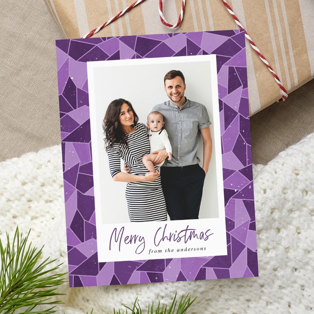 Modern Purple Stained Glass Merry Christmas Photo Holiday Postcard (Creator Uploaded)