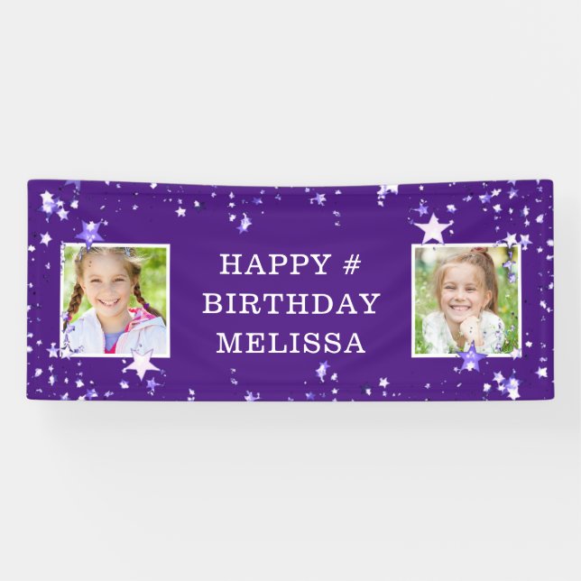 Modern Purple Stars Any Age Birthday Photo Name Banner (Horizontal)