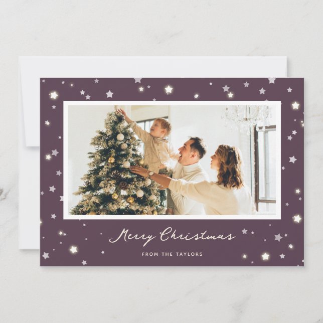 Modern Purple Stars Merry Christmas Photo Cards (Front)
