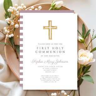 Modern Purple Stripes Cross Girl First Communion Invitation