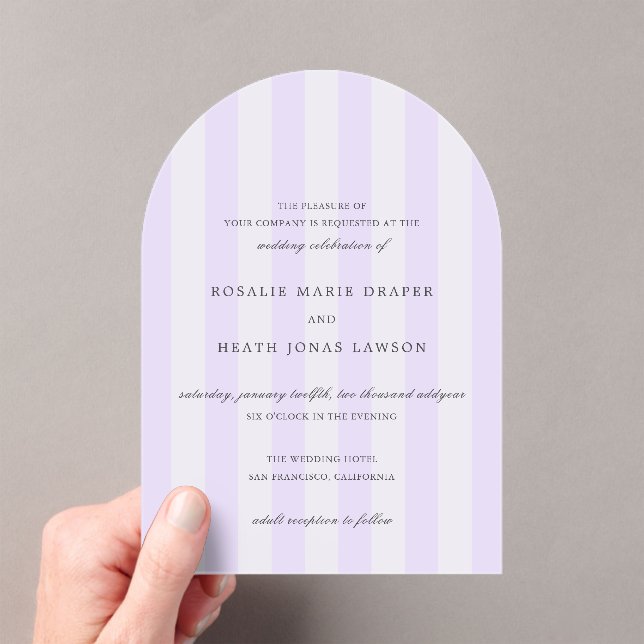 Modern Purple Stripes Elegant Wedding Acrylic Invitations (Insitu (Handheld))