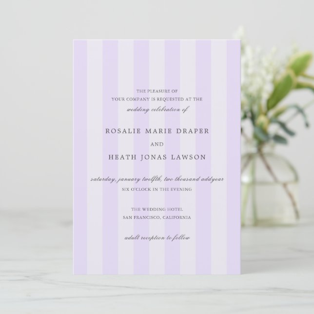 Modern Purple Stripes Elegant Wedding Invitation (Standing Front)