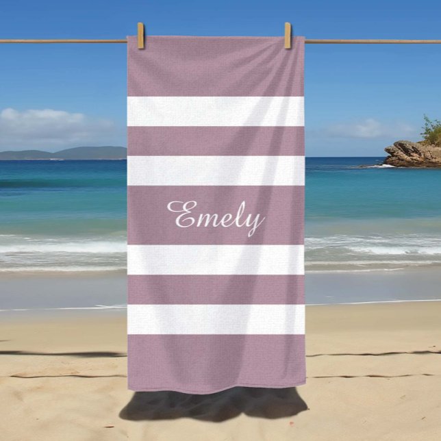 Modern Purple Stripes Name Beach Towel (Custom Name Modern Purple Stripes Beach Towel.)