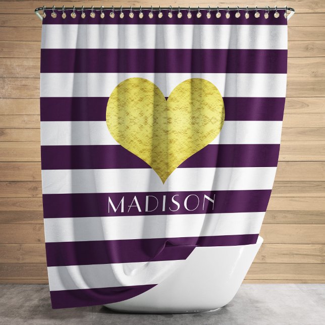 Modern Purple Stripes Name Shower Curtain (Purple White Striped Pattern Name Gold Heart Shower Curtain)