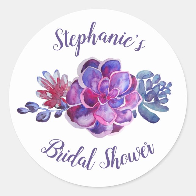 Modern Purple Succulents Foliage Bridal Shower Classic Round Sticker (Front)