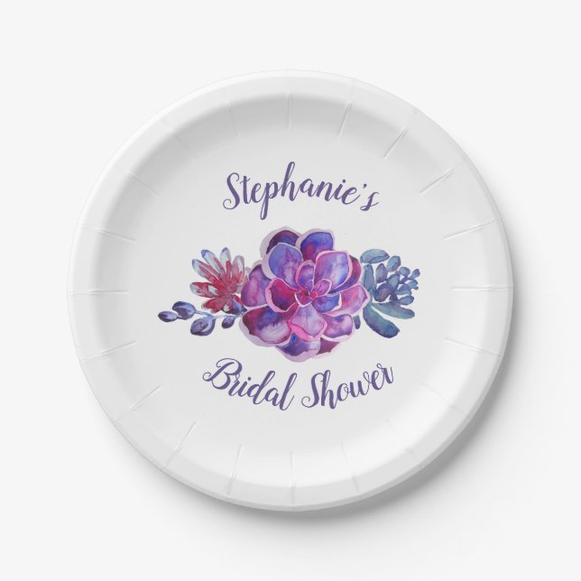 Modern Purple Succulents Foliage Bridal Shower Paper Plate (Front)