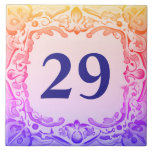 Modern Purple Sunset House Number Sign Tile<br><div class="desc">"custom house number sign",  "personalised house number plaque",  "personal customised text plate",  "vibrant design ceramic tile",  "stylish glamourous glam",  "modern contemporary girly sunset",  "hot pink decorative ornate no",  "gold yellow orange purple",  "villa casa del della",  "fun funky damask abstract"</div>