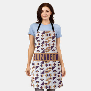 Modern Purple & Tan Geometric Art Custom Name Apron