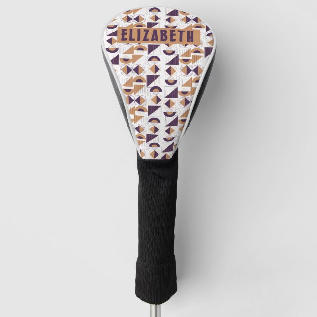 Modern Purple & Tan Geometric Art Custom Name Golf Head Cover (Front)