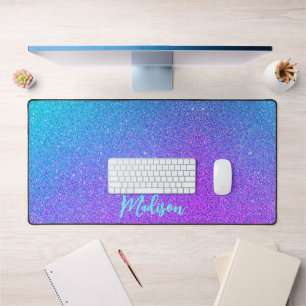 Modern Purple Teal Blue Glitter Ombre Personalised Desk Mat