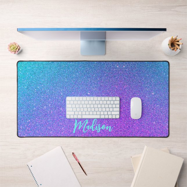 Modern Purple Teal Blue Glitter Ombre Personalised Desk Mat (Office 1)