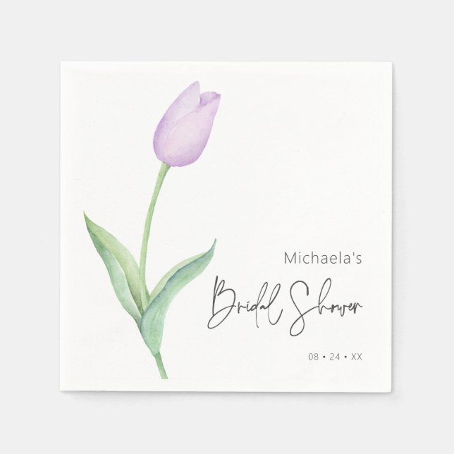 Modern Purple Tulip Solo Bridal Shower Cocktail Napkin (Front)