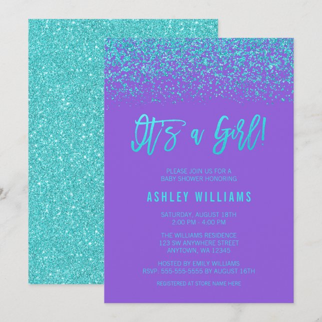Modern Purple Turquoise Glitter Girl Baby Shower Invitation (Front/Back)