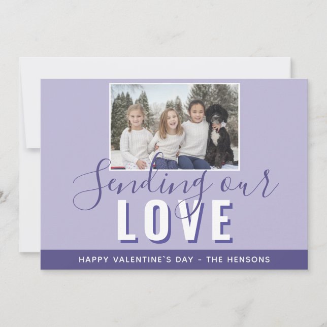 Modern Purple Valentine`s Day Script Family Photo Holiday Card (Front)