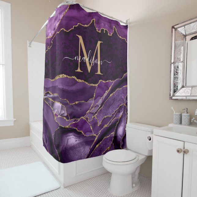 Modern Purple Violet Gold Agate Geode Monogram Shower Curtain (In Situ)