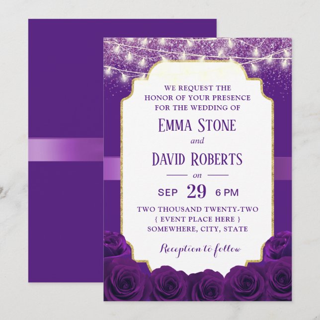 Modern Purple Violet Rose Flowers Elegant Wedding Invitation (Front/Back)