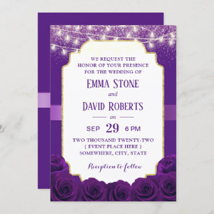 Modern Purple Violet Rose Flowers Elegant Wedding Invitation