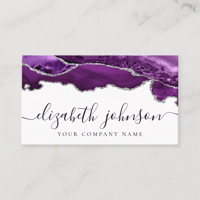 Modern Purple Violet Silver Glitter Agate Marble Business Card (Front)