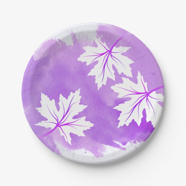 Modern purple watercolor and maple leaves paper plate (Front)