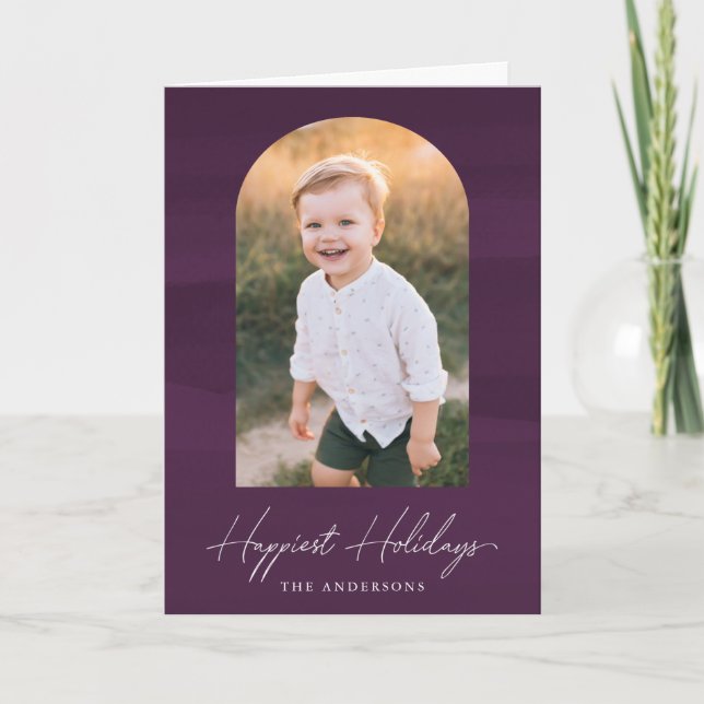 Modern Purple Watercolor Arch Photo Holiday Card (Front)