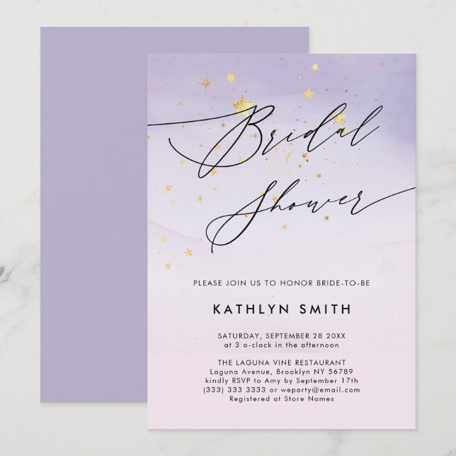 Modern Purple Watercolor Calligraphy Bridal Shower Invitation (Front/Back)
