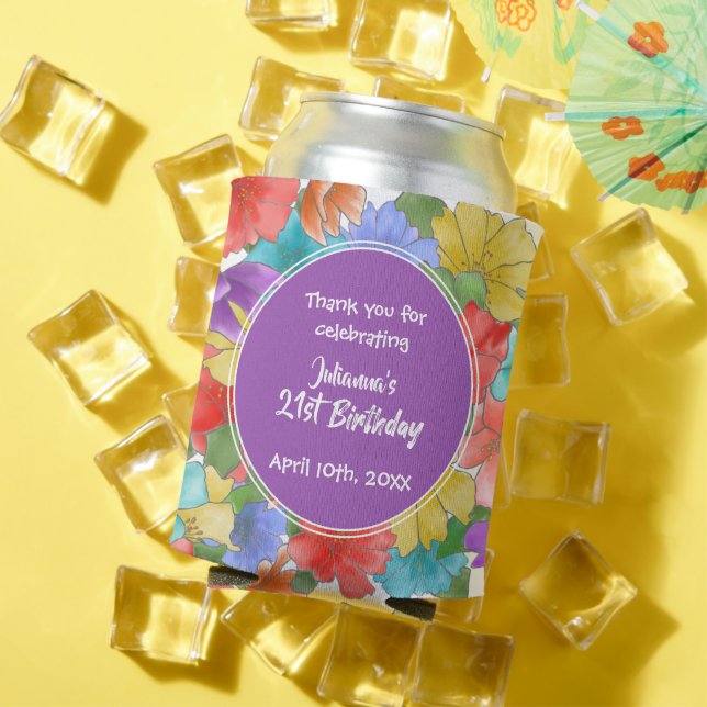 Modern Purple Watercolor Floral 21st Birthday Can Cooler (In Situ Summer)