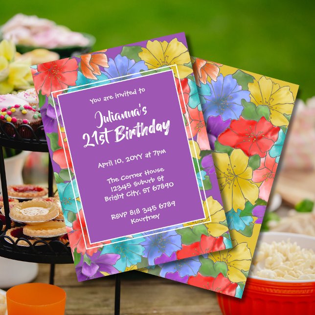 Modern Purple Watercolor Floral 21st Birthday Invitation (Creator Uploaded)
