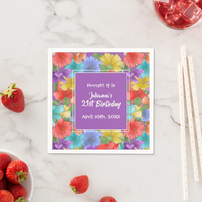 Modern Purple Watercolor Floral 21st Birthday Napkin (Insitu)