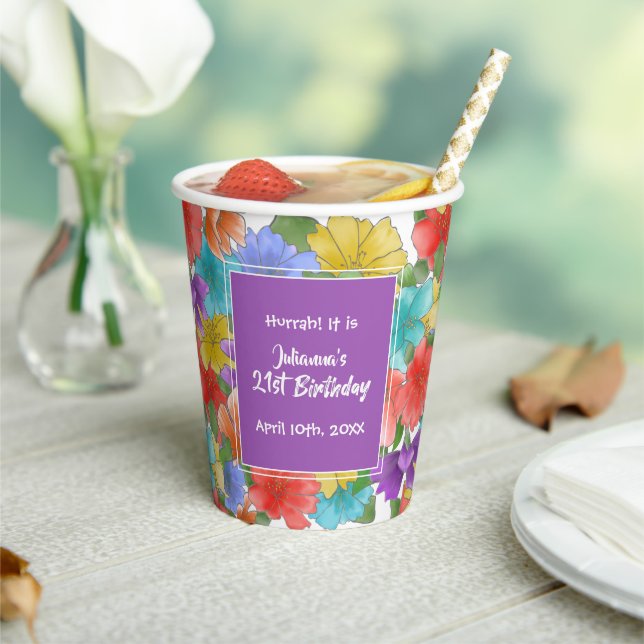 Modern Purple Watercolor Floral 21st Birthday Paper Cups (Insitu)