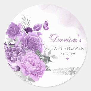 Modern Purple Watercolor Floral Girl Baby Shower Classic Round Sticker