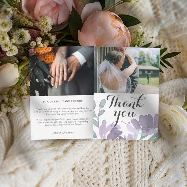 Modern Purple Watercolor Floral Wedding  Thank You Card (Creator Uploaded)