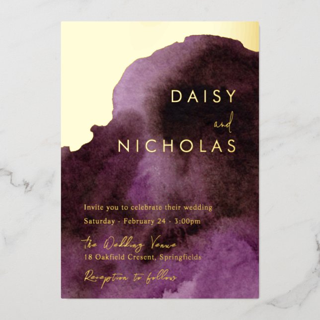 Modern Purple Watercolor Gold Foil Wedding (Front)